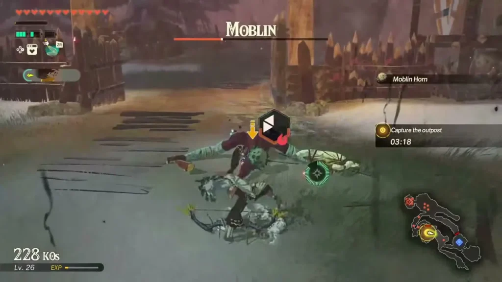 A warrior fights a Moblin at a Tabantha outpost A warrior fights a Moblin at a Tabantha outpost