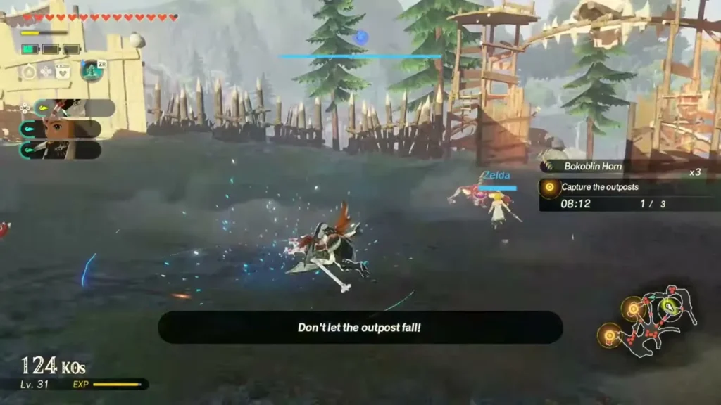 A Zora ally fights beside Zelda as the outpost is defended in the wetlands A Zora ally fights beside Zelda as the outpost is defended in the wetlands