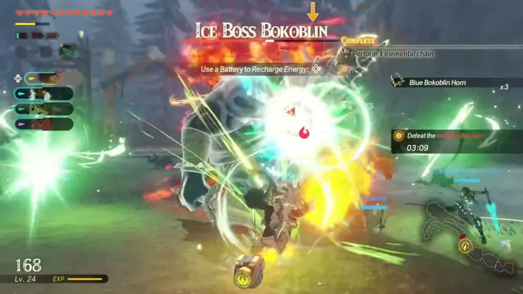 Allies strike the Ice Boss Bokoblin on the snowy Tabantha Frontier Allies strike the Ice Boss Bokoblin on the snowy Tabantha Frontier