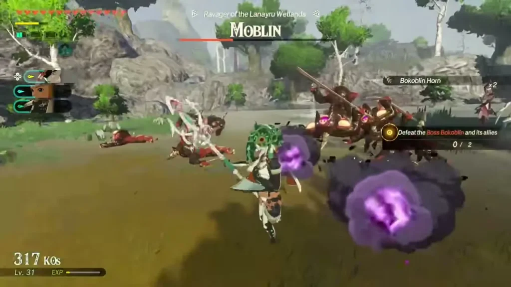 Qia fights the Moblin, Ravager of the Lanayru Wetlands, amid sludge clouds Qia fights the Moblin, Ravager of the Lanayru Wetlands, amid sludge clouds