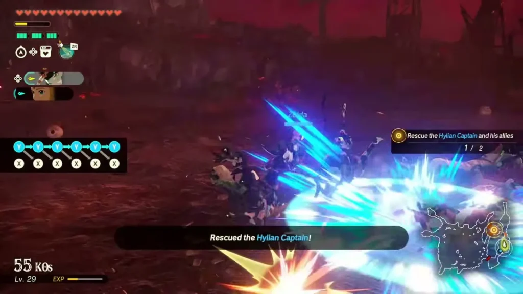 Qia rescues the Hylian Captain while Zelda looks on Qia rescues the Hylian Captain while Zelda looks on