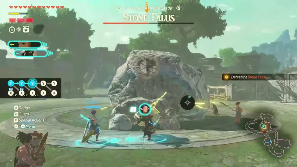 Zelda, Typhan and Quino fight a Stone Talus together in the Hyrule Castle courtyard Zelda, Typhan and Quino fight a Stone Talus together in the Hyrule Castle courtyard