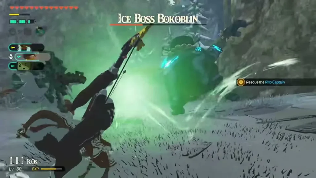 An archer attacks an Ice Boss Bokoblin on the snowy Tabantha Frontier An archer attacks an Ice Boss Bokoblin on the snowy Tabantha Frontier