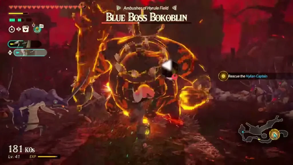 A fiery attack engulfs the Blue Boss Bokoblin, Ambusher of Hyrule Field A fiery attack engulfs the Blue Boss Bokoblin, Ambusher of Hyrule Field