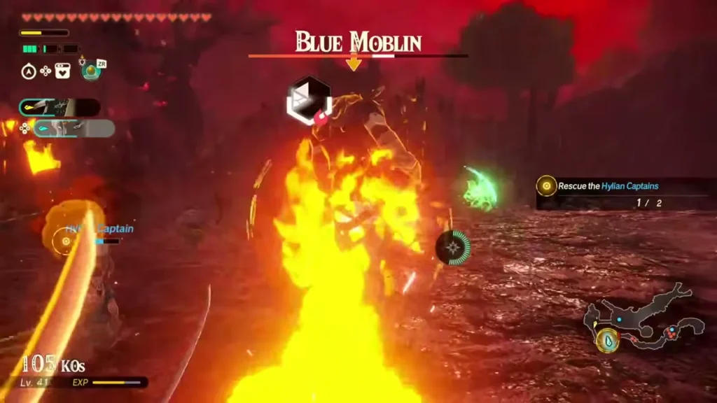 Rauru's group blazes a Blue Moblin on Hyrule Field Rauru's group blazes a Blue Moblin on Hyrule Field