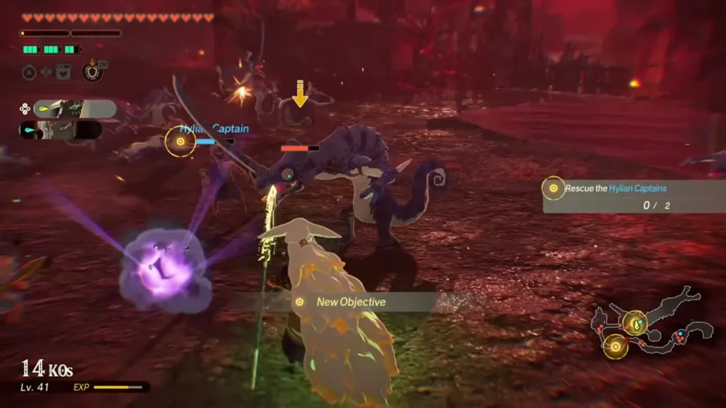 Rauru fights a Lizalfos to rescue a Hylian Captain on Hyrule Field Rauru fights a Lizalfos to rescue a Hylian Captain on Hyrule Field