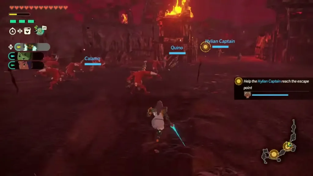 A warrior, Calamo and Quino fight Bokoblins while escorting the Hylian Captain on Hyrule Field A warrior, Calamo and Quino fight Bokoblins while escorting the Hylian Captain on Hyrule Field