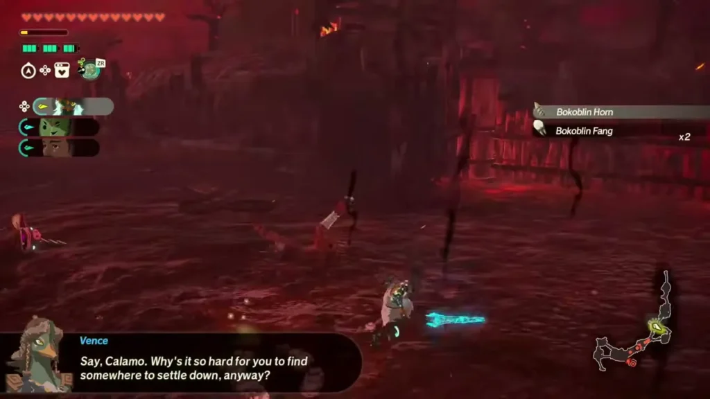 Vence asks Calamo why he struggles to settle down while they hunt monsters on Hyrule Field Vence asks Calamo why he struggles to settle down while they hunt monsters on Hyrule Field