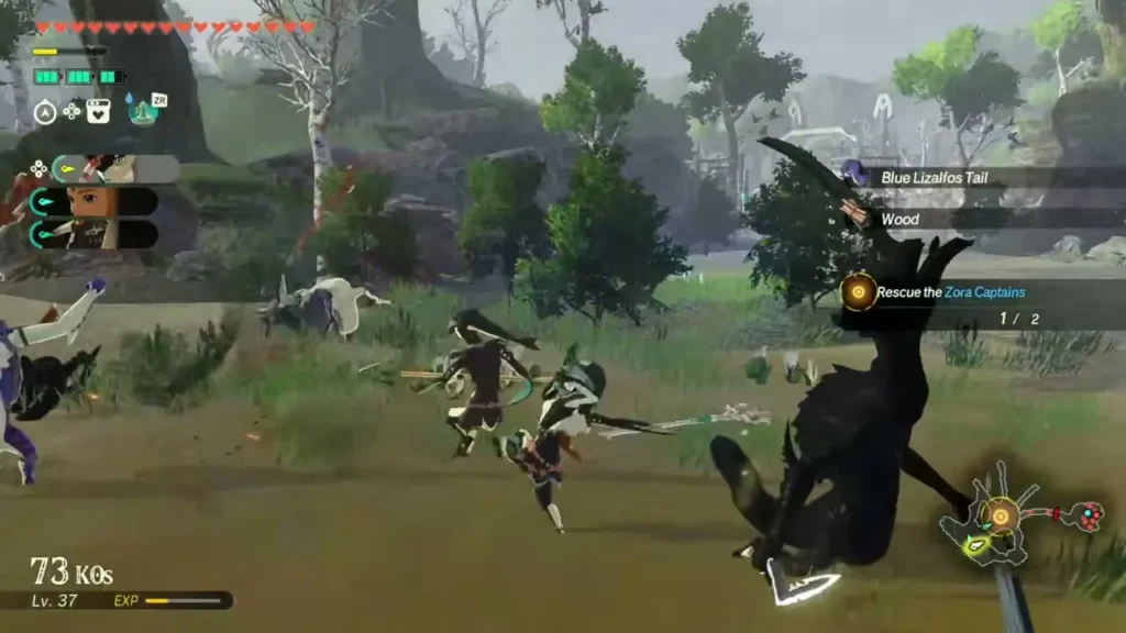Qia's party fights Lizalfos on the grassy Lanayru Wetlands while rescuing the Zora Captains Qia's party fights Lizalfos on the grassy Lanayru Wetlands while rescuing the Zora Captains