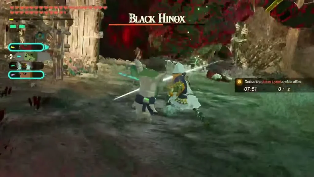A warrior and the Knight Construct strike a Black Hinox in the red-lit Depths A warrior and the Knight Construct strike a Black Hinox in the red-lit Depths