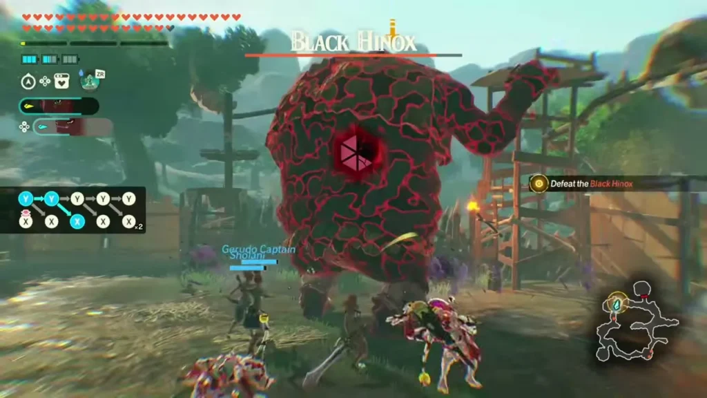 A Black Hinox looms over the Gerudo Captain and Sholani A Black Hinox looms over the Gerudo Captain and Sholani