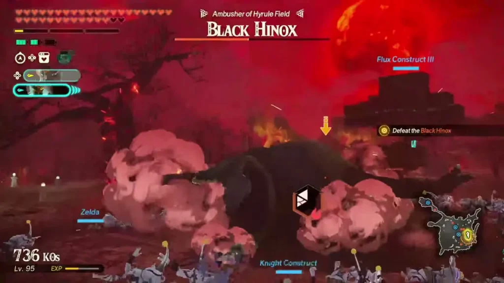 A Black Hinox, ambusher of Hyrule Field, charges through smoke under a red sky A Black Hinox, ambusher of Hyrule Field, charges through smoke under a red sky