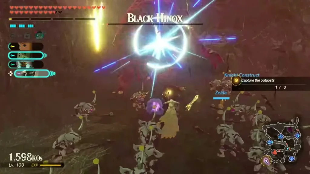 Zelda strikes a Black Hinox amid Lizalfos at an Ash Swamp outpost Zelda strikes a Black Hinox amid Lizalfos at an Ash Swamp outpost