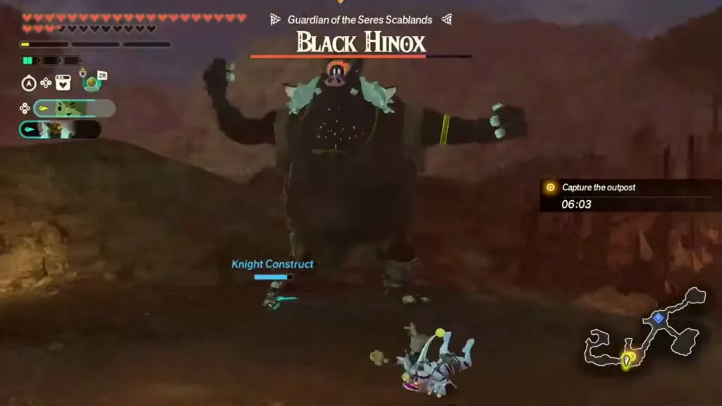 A Black Hinox, guardian of the Seres Scablands, looms over the outpost A Black Hinox, guardian of the Seres Scablands, looms over the outpost