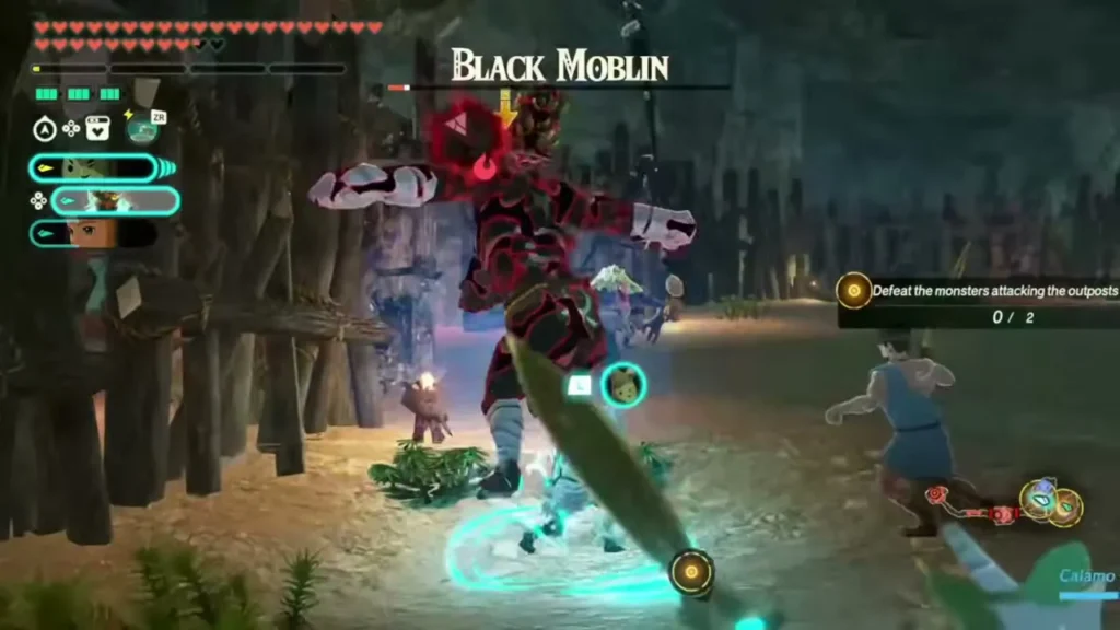 A Black Moblin attacks a defended outpost in a late-game challenge A Black Moblin attacks a defended outpost in a late-game challenge