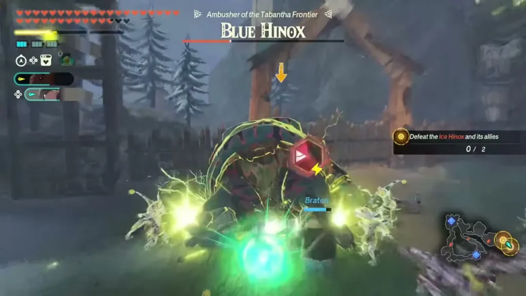 A Blue Hinox, ambusher of the Tabantha Frontier, is hit with green Zonai energy A Blue Hinox, ambusher of the Tabantha Frontier, is hit with green Zonai energy