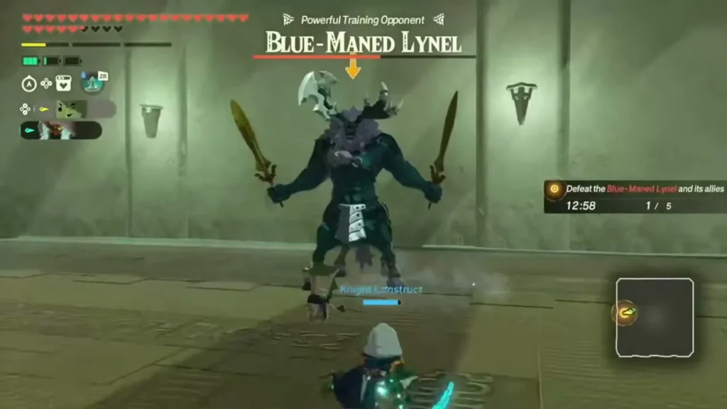 A Blue-Maned Lynel raises two swords in the trial arena A Blue-Maned Lynel raises two swords in the trial arena