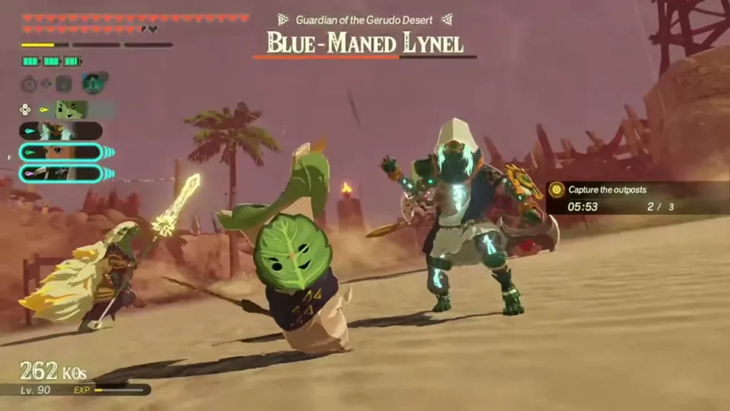 Calamo, Rauru and the party stand ready against the Blue-Maned Lynel in the desert Calamo, Rauru and the party stand ready against the Blue-Maned Lynel in the desert