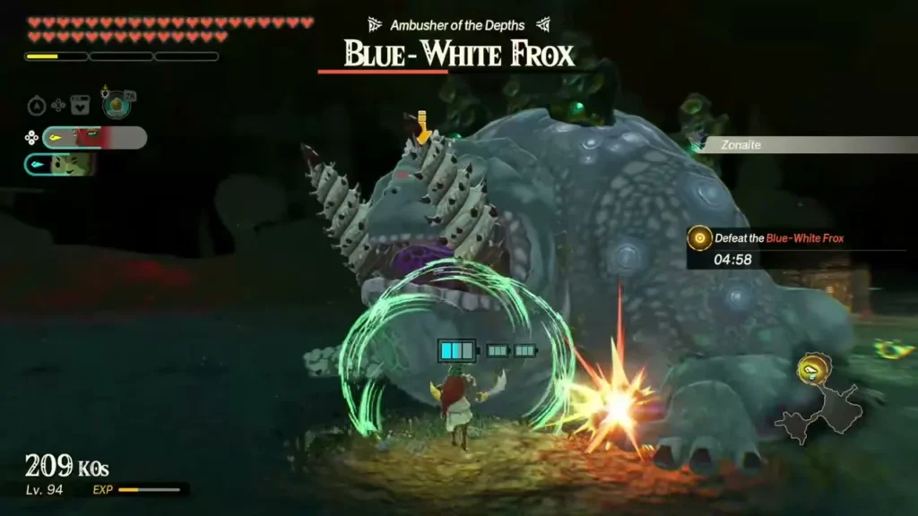 Zelda dodges a Blue-White Frox in the Depths Zelda dodges a Blue-White Frox in the Depths