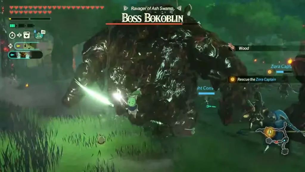 A warrior attacks the Boss Bokoblin, ravager of Ash Swamp A warrior attacks the Boss Bokoblin, ravager of Ash Swamp