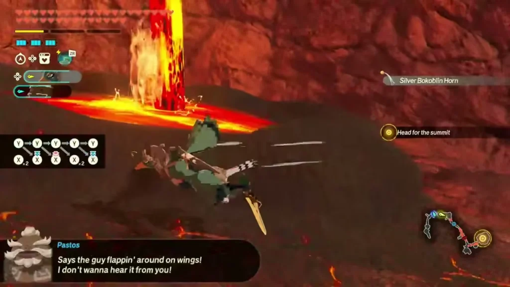 Vence glides over a lava flow on the race up Death Mountain while Pastos jeers Vence glides over a lava flow on the race up Death Mountain while Pastos jeers