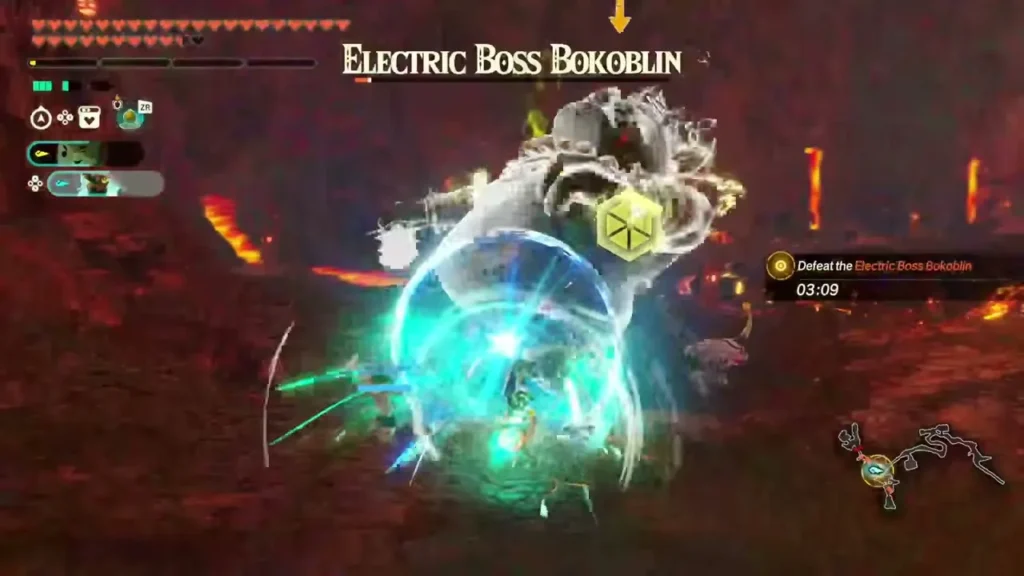 An Electric Boss Bokoblin is caught in a shimmering shield burst on Death Mountain An Electric Boss Bokoblin is caught in a shimmering shield burst on Death Mountain