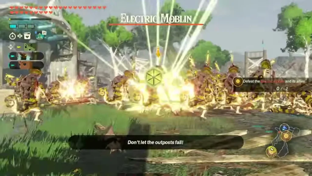 Enemies swarm an outpost as an Electric Moblin leads the attack on the East Lanayru Wetlands Enemies swarm an outpost as an Electric Moblin leads the attack on the East Lanayru Wetlands