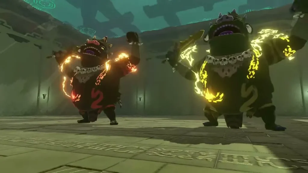 A Fire Boss Bokoblin and an Electric Boss Bokoblin square off in the Zonai arena A Fire Boss Bokoblin and an Electric Boss Bokoblin square off in the Zonai arena