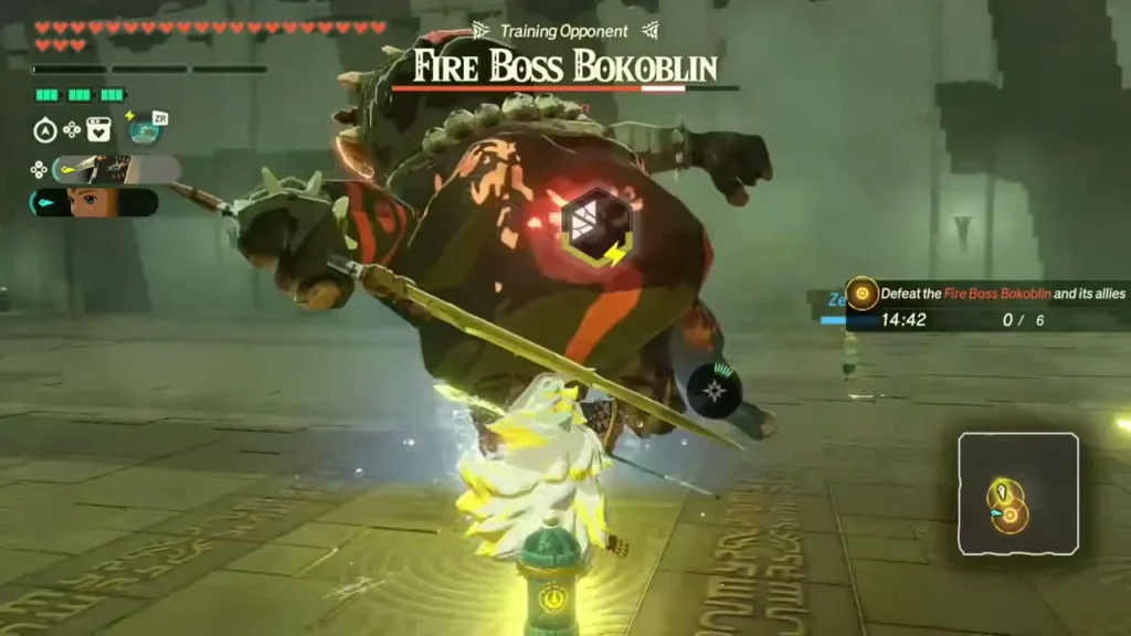 Zelda and Rauru fight the Fire Boss Bokoblin in the trial arena Zelda and Rauru fight the Fire Boss Bokoblin in the trial arena