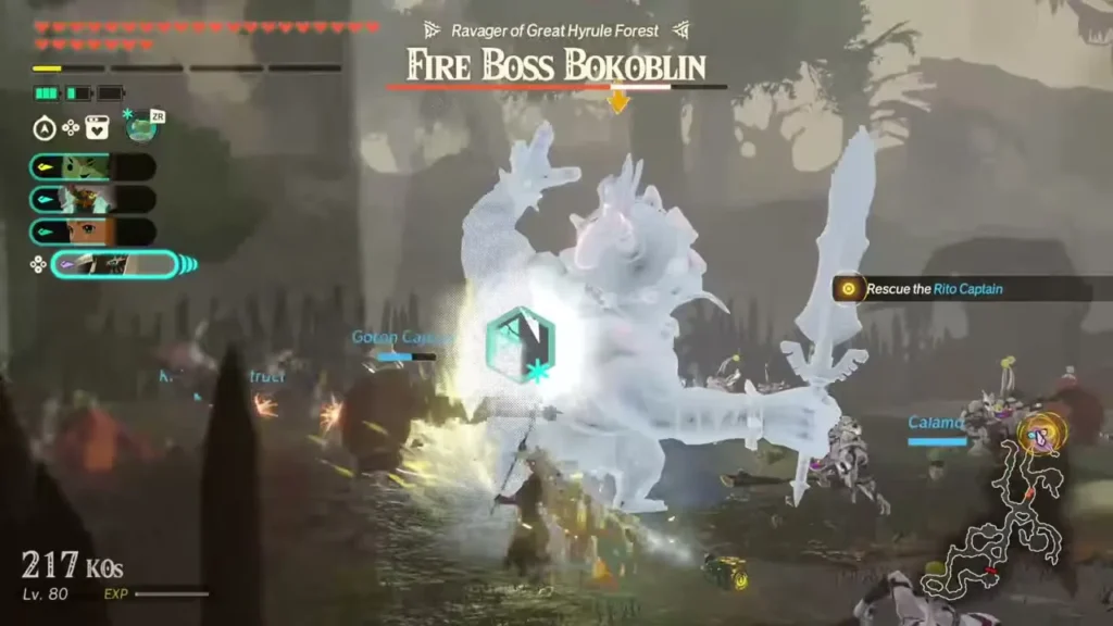 A frozen Fire Boss Bokoblin stands among allied captains in Great Hyrule Forest A frozen Fire Boss Bokoblin stands among allied captains in Great Hyrule Forest