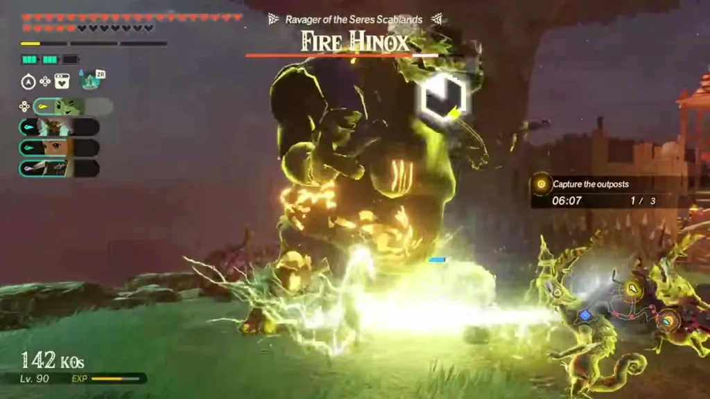 The Fire Hinox, ravager of the Seres Scablands, is struck by a beam of yellow light The Fire Hinox, ravager of the Seres Scablands, is struck by a beam of yellow light