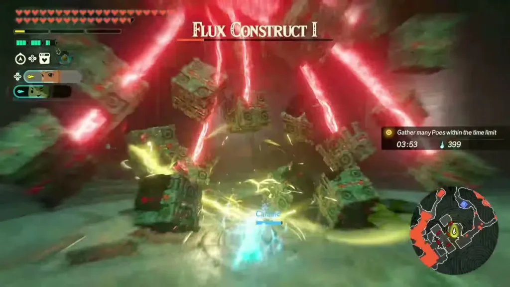 Calamo and Zelda fight a Flux Construct I whose blocks fire red lasers Calamo and Zelda fight a Flux Construct I whose blocks fire red lasers