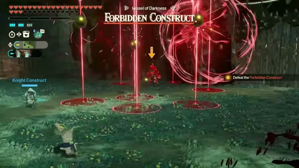 The Forbidden Construct summons red energy pillars as the Knight Construct watches The Forbidden Construct summons red energy pillars as the Knight Construct watches