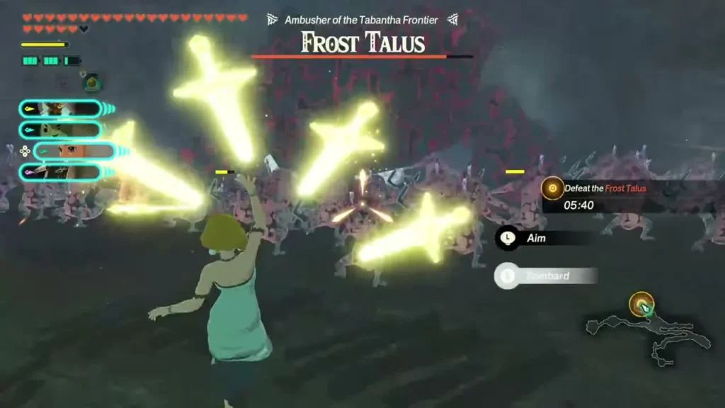Zelda summons glowing blades against the Frost Talus, ambusher of the Tabantha Frontier Zelda summons glowing blades against the Frost Talus, ambusher of the Tabantha Frontier