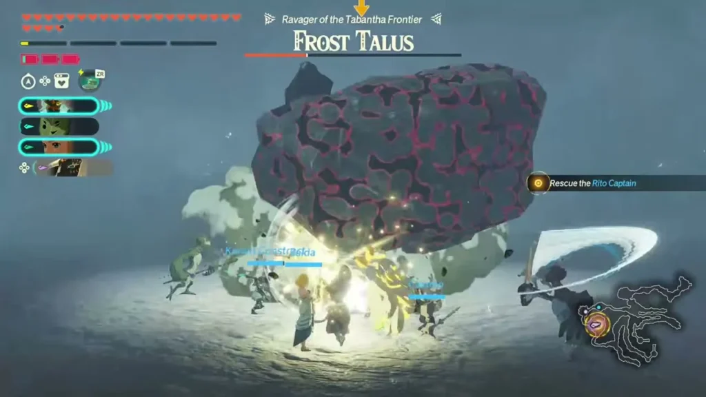 Warriors fight a Frost Talus in the snow of the Tabantha Frontier Warriors fight a Frost Talus in the snow of the Tabantha Frontier