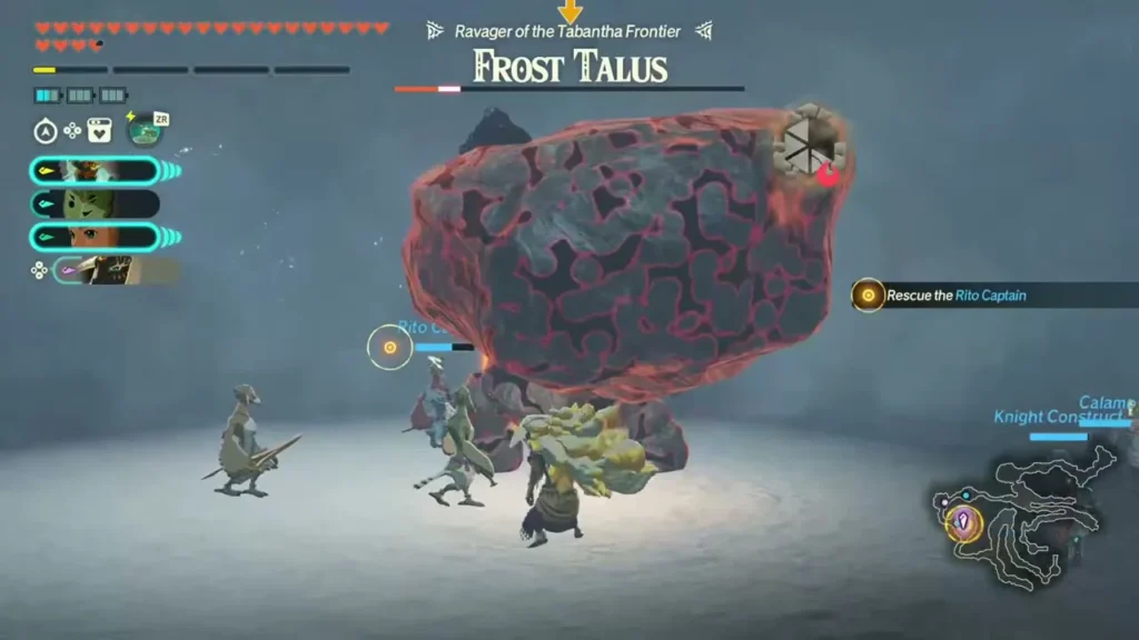The Frost Talus exposes its glowing weak point while the Rito Captain waits for rescue The Frost Talus exposes its glowing weak point while the Rito Captain waits for rescue