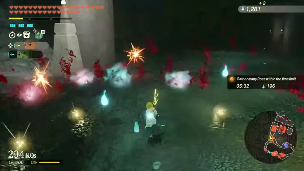 Zelda gathers glowing Poes in the Depths with a timer counting down Zelda gathers glowing Poes in the Depths with a timer counting down