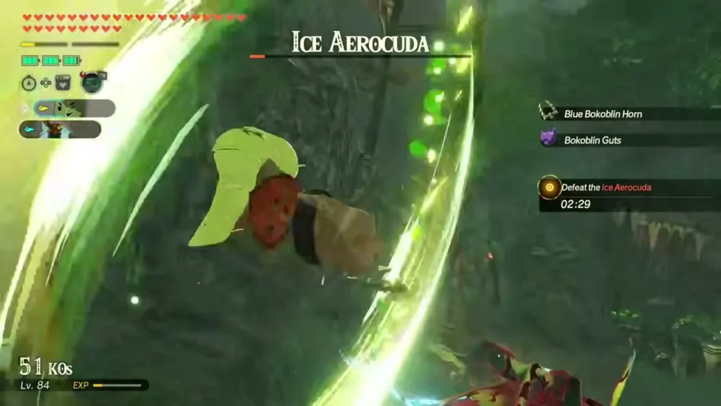 An Ice Aerocuda is knocked from the sky by a sweeping green slash in Ash Swamp An Ice Aerocuda is knocked from the sky by a sweeping green slash in Ash Swamp