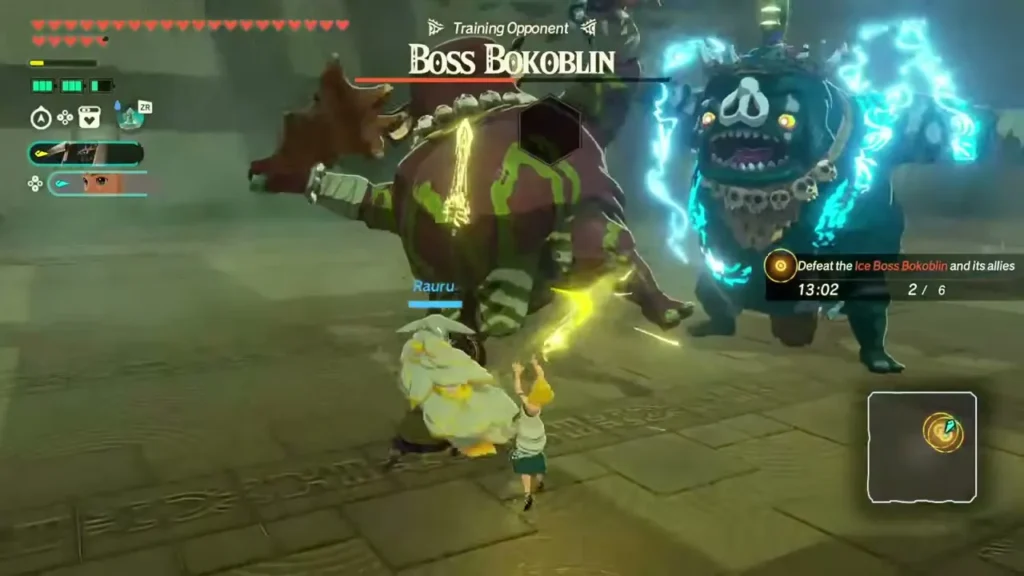 Rauru and Zelda face a Boss Bokoblin and an Ice Boss Bokoblin Rauru and Zelda face a Boss Bokoblin and an Ice Boss Bokoblin