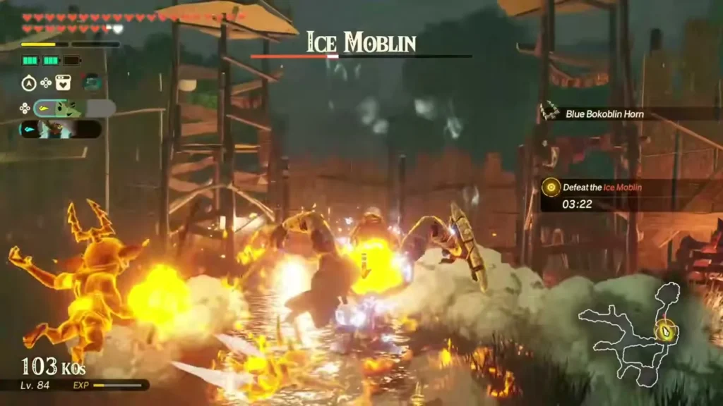 An Ice Moblin is engulfed in flames at a wooden outpost in Ash Swamp An Ice Moblin is engulfed in flames at a wooden outpost in Ash Swamp