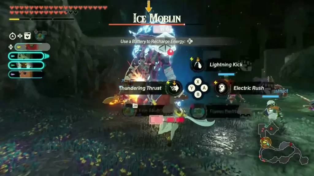 Warriors fight an Ice Moblin with a battery tip and device prompts on screen Warriors fight an Ice Moblin with a battery tip and device prompts on screen
