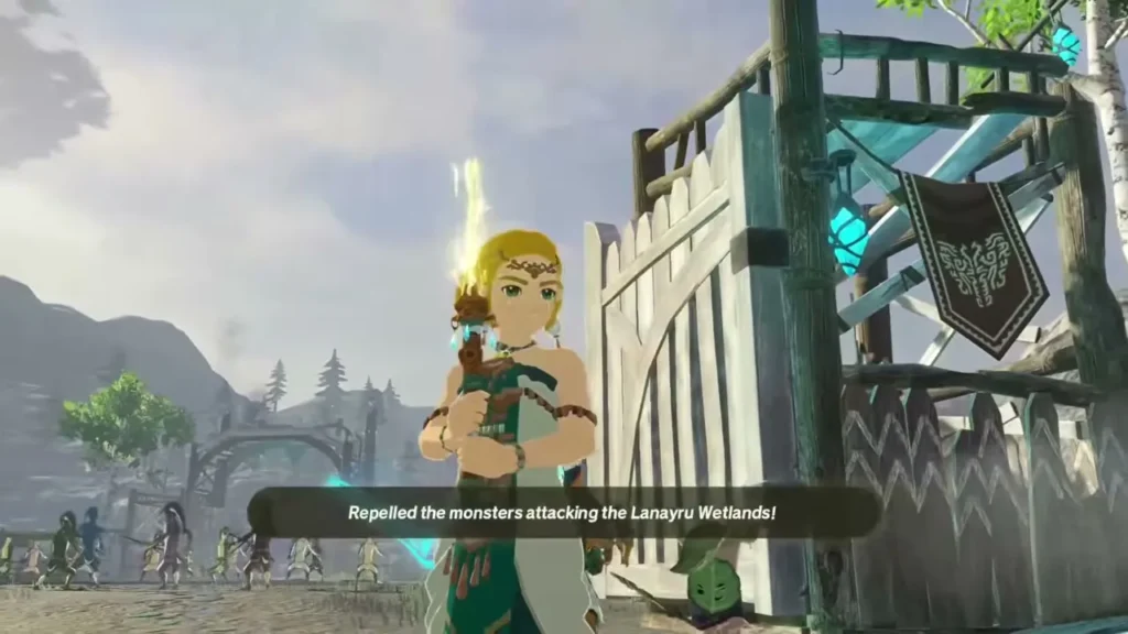 Zelda stands at the outpost gate after the monsters attacking the Lanayru Wetlands are repelled Zelda stands at the outpost gate after the monsters attacking the Lanayru Wetlands are repelled