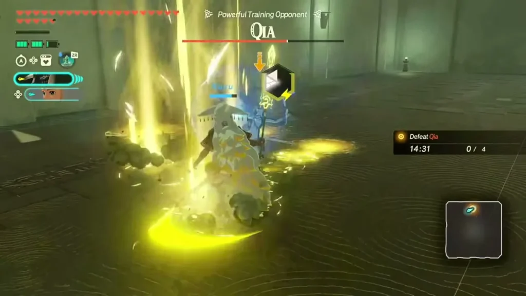Zelda and Rauru fight Qia in the Zonai arena of the Shrine of Light Zelda and Rauru fight Qia in the Zonai arena of the Shrine of Light