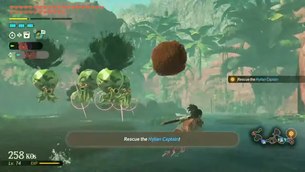 Typhan swims toward Octoroks while rescuing the Hylian Captain Typhan swims toward Octoroks while rescuing the Hylian Captain