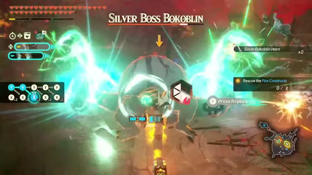 A Silver Boss Bokoblin attacks while the party rescues Flux Constructs A Silver Boss Bokoblin attacks while the party rescues Flux Constructs