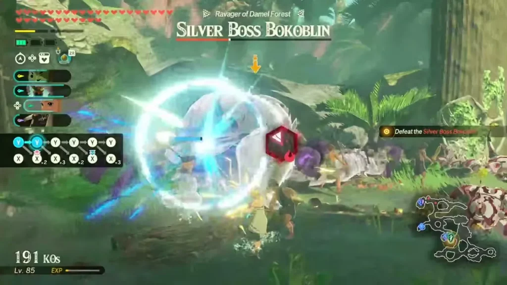 The Silver Boss Bokoblin, ravager of Damel Forest, is struck inside a shimmering shield The Silver Boss Bokoblin, ravager of Damel Forest, is struck inside a shimmering shield