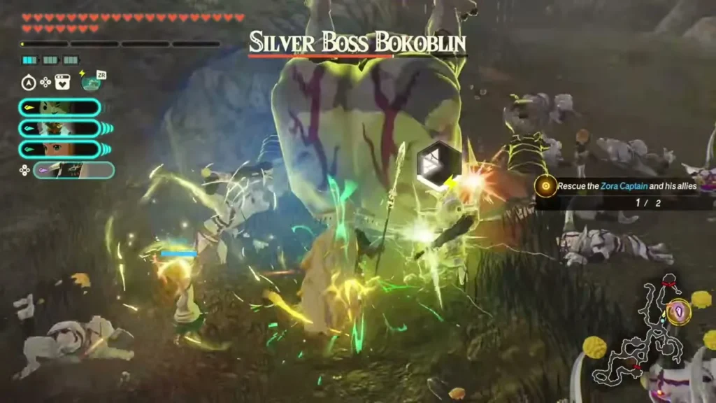 The party battles a Silver Boss Bokoblin to save the Zora Captain The party battles a Silver Boss Bokoblin to save the Zora Captain