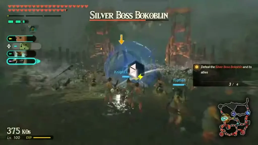 Quino and Typhan fight a Silver Boss Bokoblin and its allies at a fortified Ash Swamp outpost Quino and Typhan fight a Silver Boss Bokoblin and its allies at a fortified Ash Swamp outpost