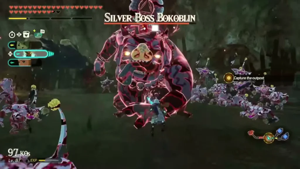 A Silver Boss Bokoblin towers over a horde of Silver Bokoblins in Tanagar Canyon A Silver Boss Bokoblin towers over a horde of Silver Bokoblins in Tanagar Canyon