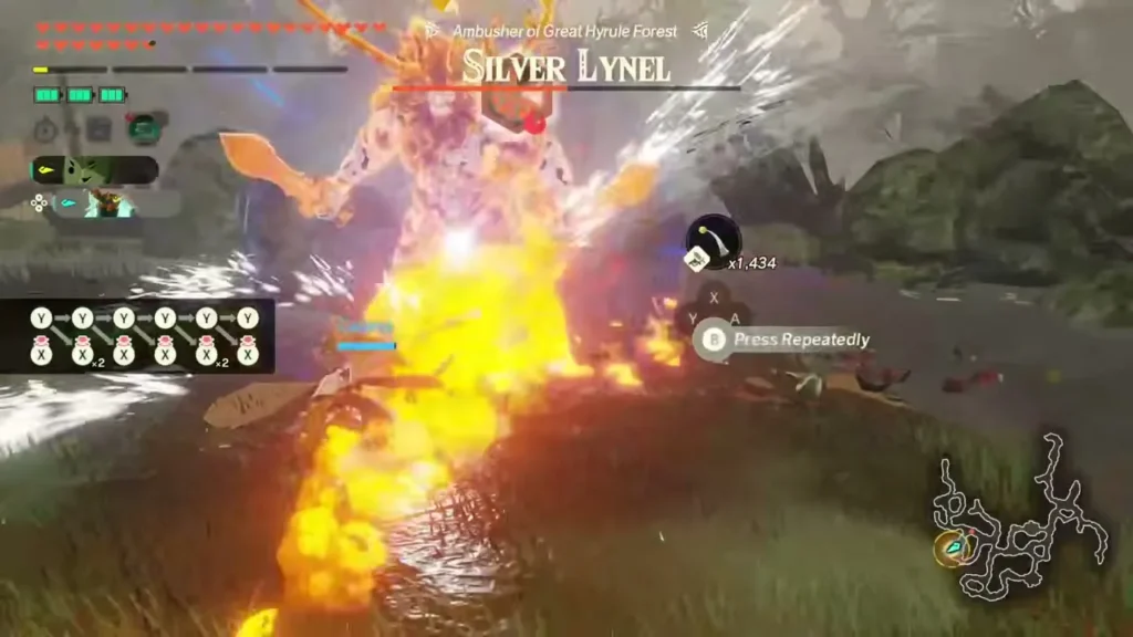 The Silver Lynel, ambusher of Great Hyrule Forest, is engulfed in a fiery blast The Silver Lynel, ambusher of Great Hyrule Forest, is engulfed in a fiery blast